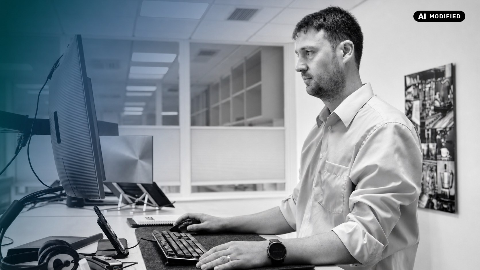 Softwareentwicklung bei DKDS: Arbeit am Monitor im eigenen Büro (mit KI bearbeitet)